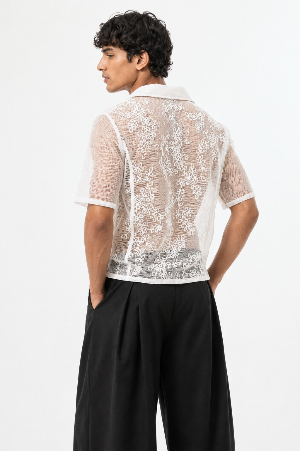 White Sheer Floral Embroidered Shirt