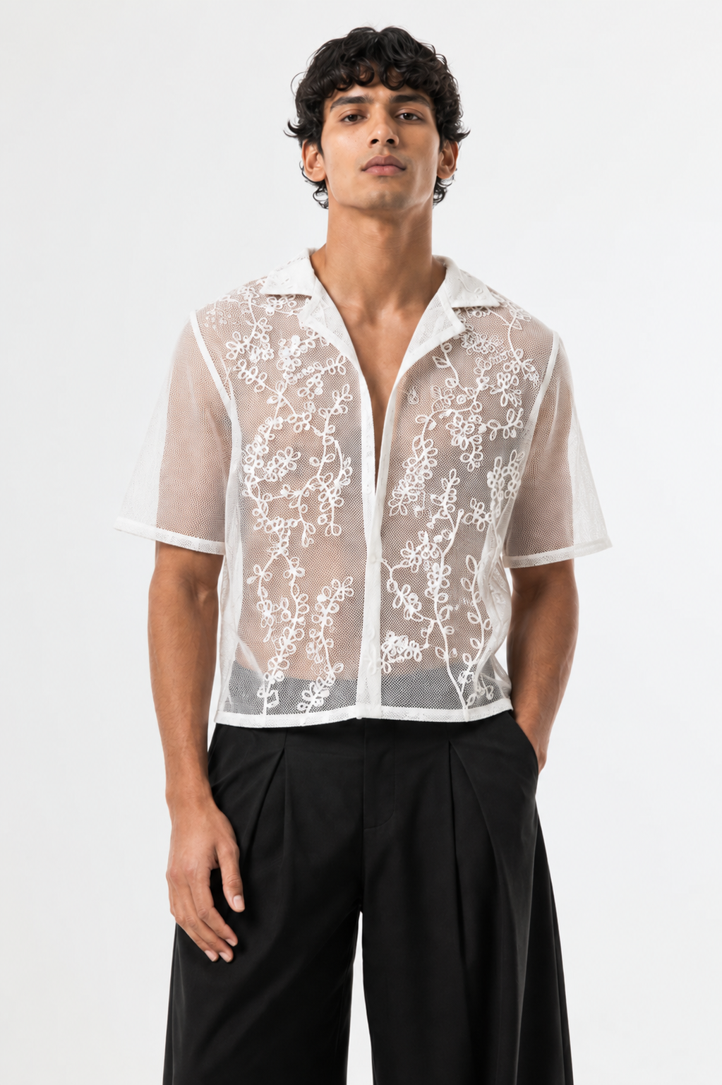 White Sheer Floral Embroidered Shirt